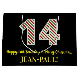 Happy 14th Birthday & Merry Christmas, Custom Name Large Gift Bag