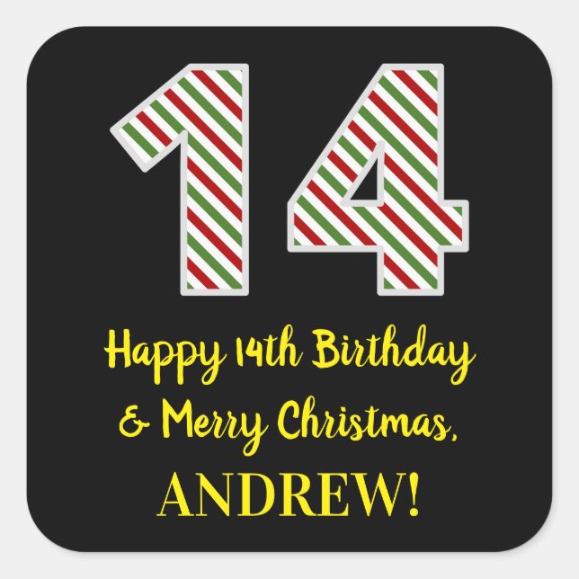 Happy 14th Birthday & Merry Christmas, Custom Name Square Sticker (Front)