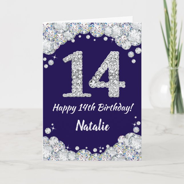 Happy 14th Birthday Navy Blue and Silver Glitter Card (Front)