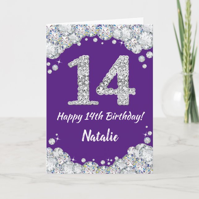 Happy 14th Birthday Purple and Silver Glitter Card (Front)