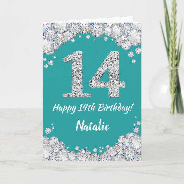 Happy 14th Birthday Teal and Silver Glitter Card (Front)