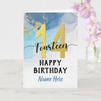 Happy 14th Birthday Watercolor Blue & gold Boy Card