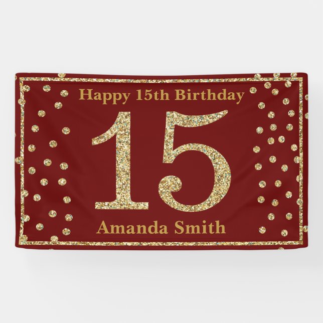 Happy 15th Birthday Banner Burgundy Red Gold (Horizontal)