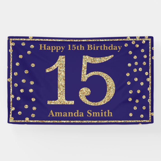 Happy 15th Birthday Banner Navy Blue Gold Glitter (Horizontal)