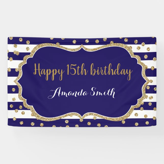 Happy 15th Birthday Banner Navy Blue Gold Glitter (Horizontal)