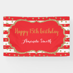 Happy 15th Birthday Banner Red and Gold Glitter