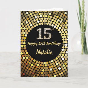 Happy 15th Birthday Black and Gold Glitter Card