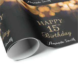Happy 15th Birthday Black and Gold Glitter Wrapping Paper