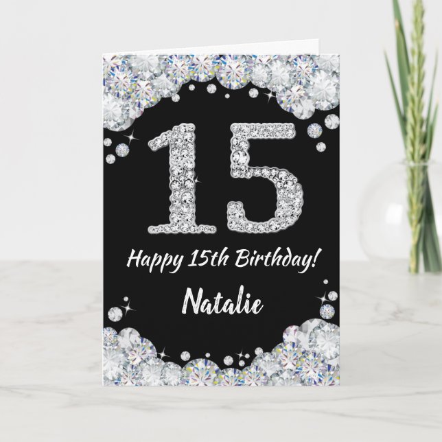 Happy 15th Birthday Black and Silver Glitter Card (Front)