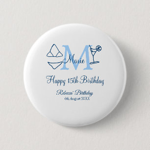 Happy 15th Birthday blue add name monogram bikini 6 Cm Round Badge