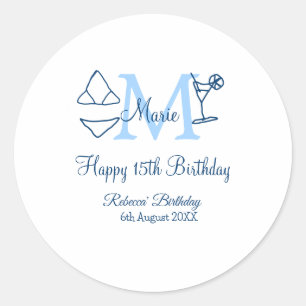 Happy 15th Birthday blue add name monogram bikini Classic Round Sticker