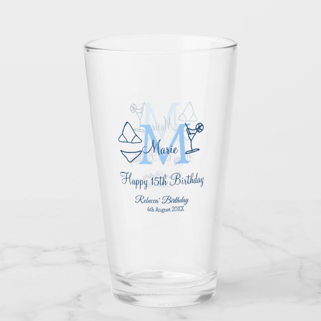 Happy 15th Birthday blue add name monogram bikini Glass (Front)