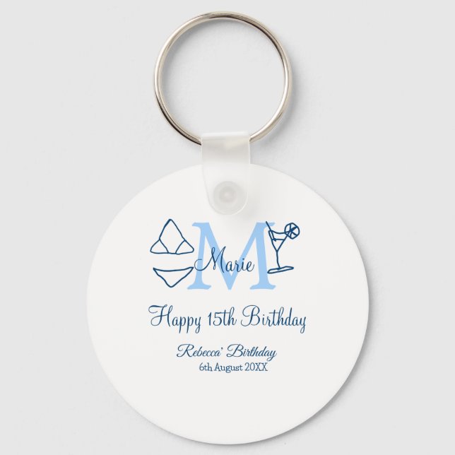 Happy 15th Birthday blue add name monogram bikini Key Ring (Front)
