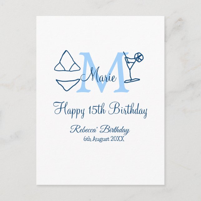 Happy 15th Birthday blue add name monogram bikini Postcard (Front)