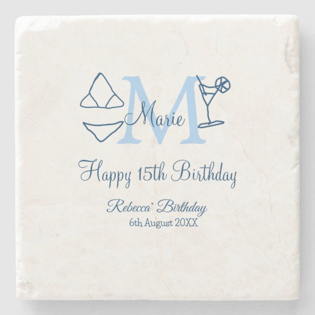 Happy 15th Birthday blue add name monogram bikini Stone Coaster (Front)