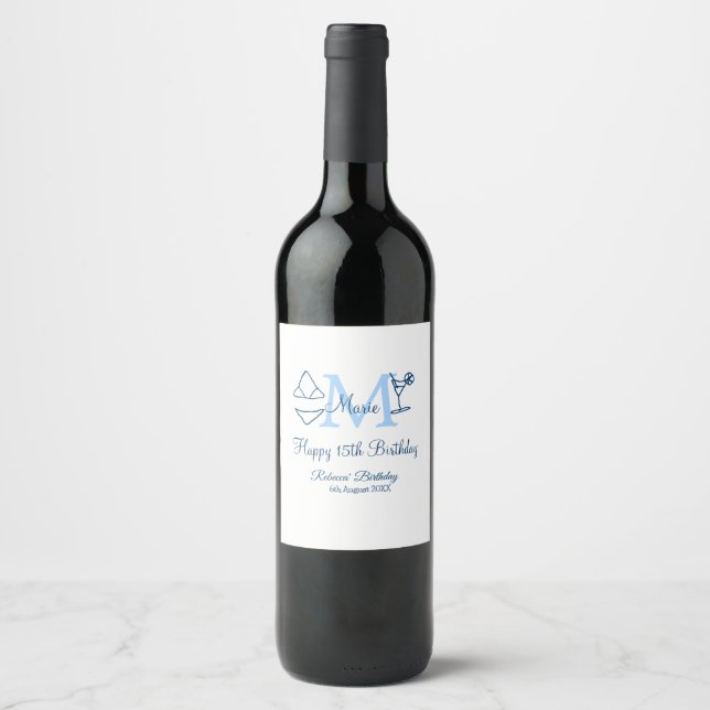 Happy 15th Birthday blue add name monogram bikini Wine Label (Front)