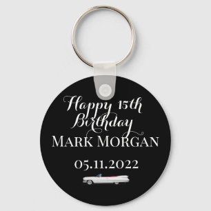 Happy 15th birthday boy party favour black white key ring