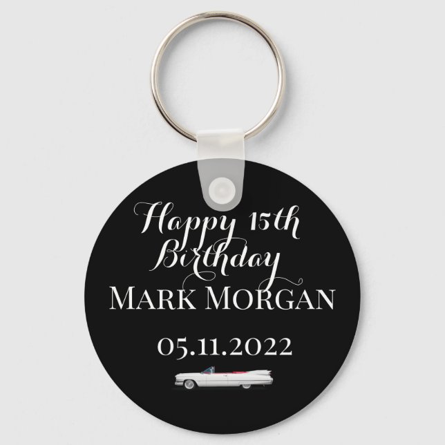 Happy 15th birthday boy party favour black white key ring (Front)