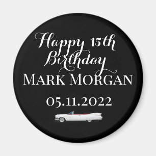 Happy 15th birthday boy party favour black white magnet