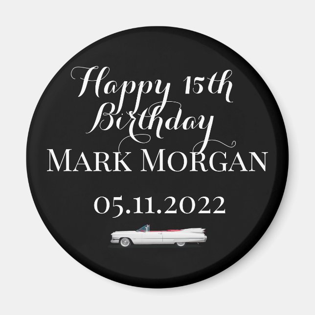 Happy 15th birthday boy party favour black white magnet (Front)