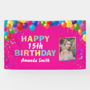 Happy 15th Birthday Colorful Balloons Hot Pink Banner