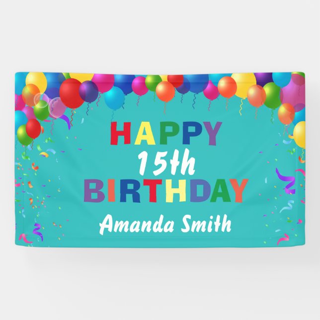 Happy 15th Birthday Colorful Balloons Teal Banner (Horizontal)