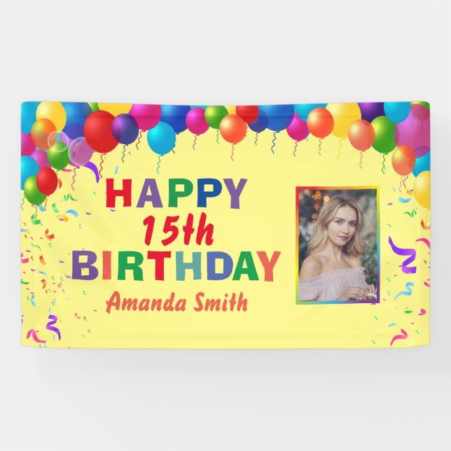 Happy 15th Birthday Colorful Balloons Yellow Banner (Horizontal)