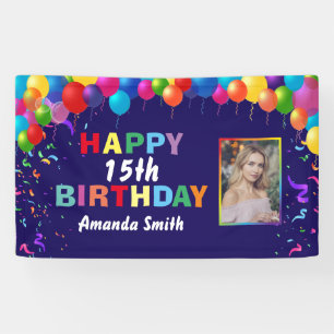 Happy 15th Birthday Colourful Balloons Navy Blue Banner