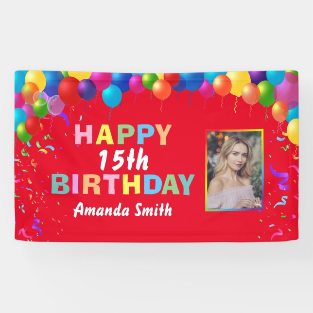 Happy 15th Birthday Colourful Balloons Red Banner (Horizontal)