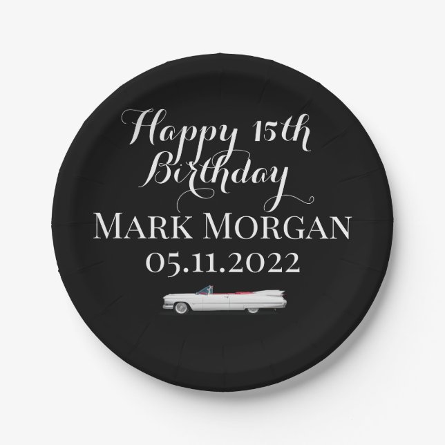 Happy 15th birthday gift for boy black white paper plate (Front)