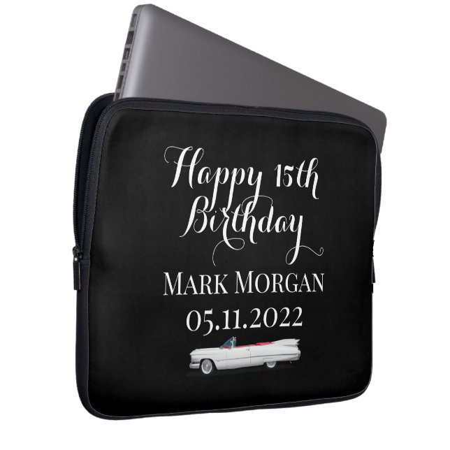 Happy 15th birthday gift idea for boy man black laptop sleeve (Front Right)