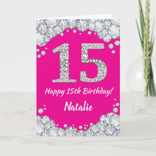 Happy 15th Birthday Hot Pink and Silver Glitter Card (Front)