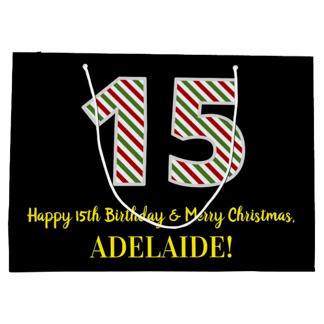 Happy 15th Birthday & Merry Christmas, Custom Name Large Gift Bag (Back)