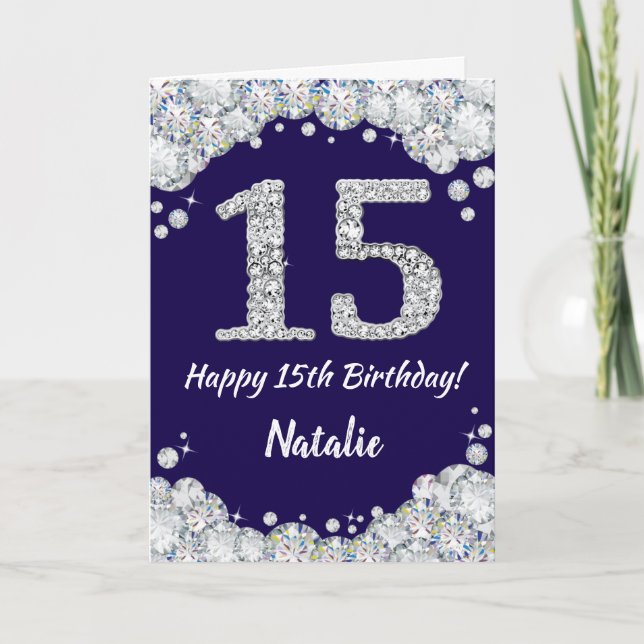 Happy 15th Birthday Navy Blue and Silver Glitter Card (Front)