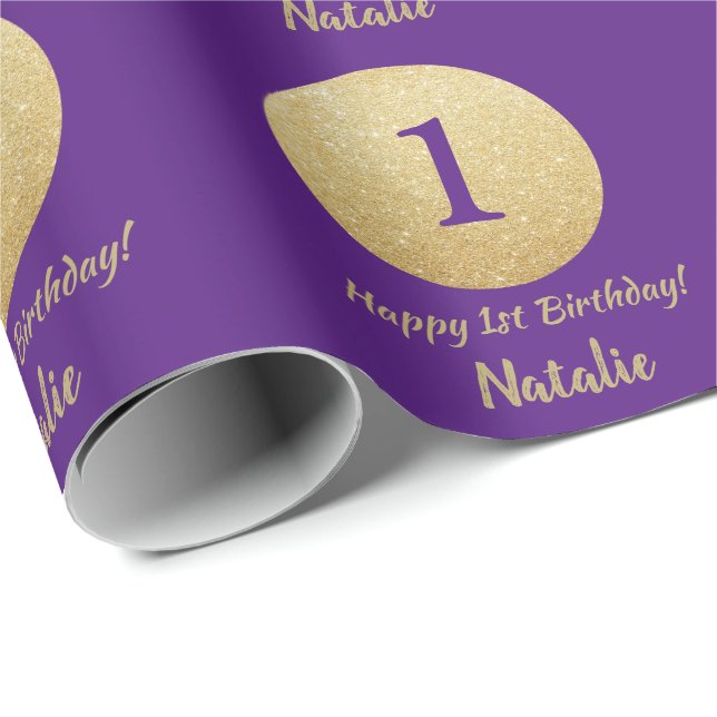 Happy 15th Birthday Purple and Gold Glitter Wrapping Paper (Roll Corner)