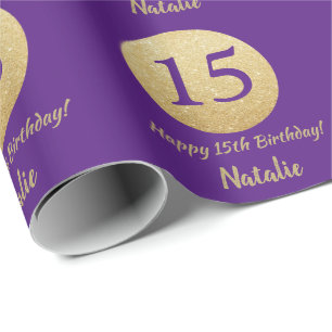 Happy 15th Birthday Purple and Gold Glitter Wrapping Paper