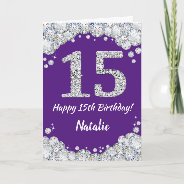 Happy 15th Birthday Purple and Silver Glitter Card (Front)