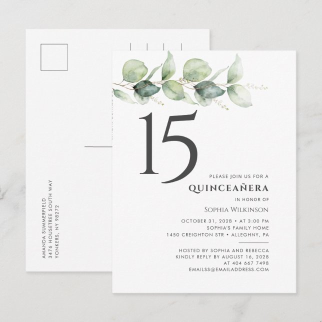 Happy 15th Birthday Quinceanera Eucalyptus Leaves Invitation Postcard (Front/Back)