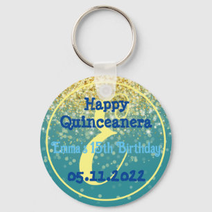 Happy 15th Birthday quinceanera party gold glitter Key Ring