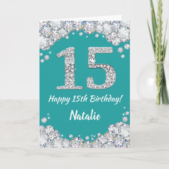 Happy 15th Birthday Teal and Silver Glitter Card (Front)