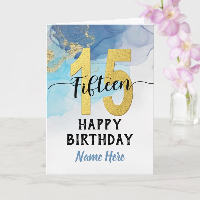Happy 15th Birthday Watercolor Blue & gold Boy Card (Orchid)
