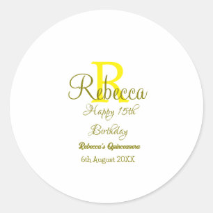 Happy 15th Birthday yellow add name monogram moder Classic Round Sticker