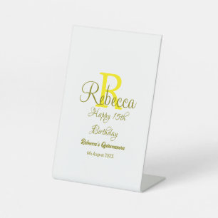 Happy 15th Birthday yellow add name monogram moder Pedestal Sign
