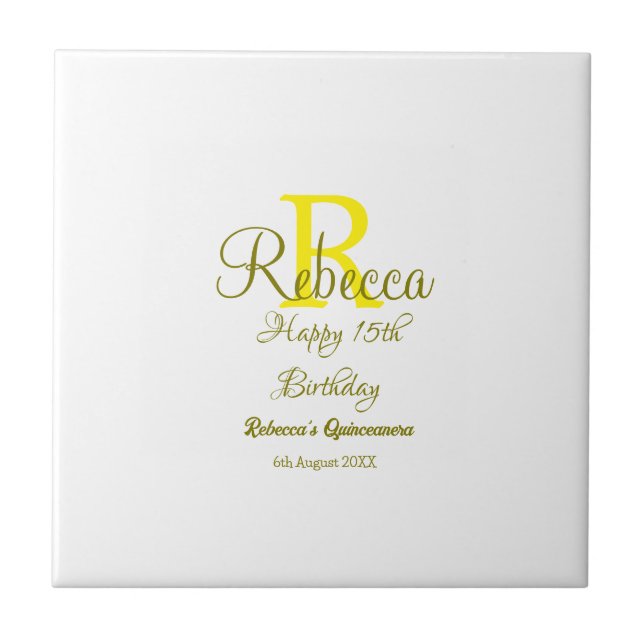 Happy 15th Birthday yellow add name monogram moder Tile (Front)