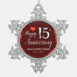 Happy 15th Wedding Anniversary Snowflake Pewter Christmas Ornament