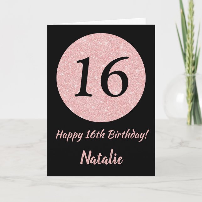 Happy 16h Birthday Black and Rose Pink Gold Card (Front)