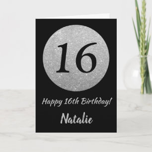 Happy 16h Birthday Black and Silver Glitter Card