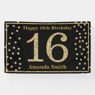 Happy 16th Birthday Banner Black and Gold Glitter