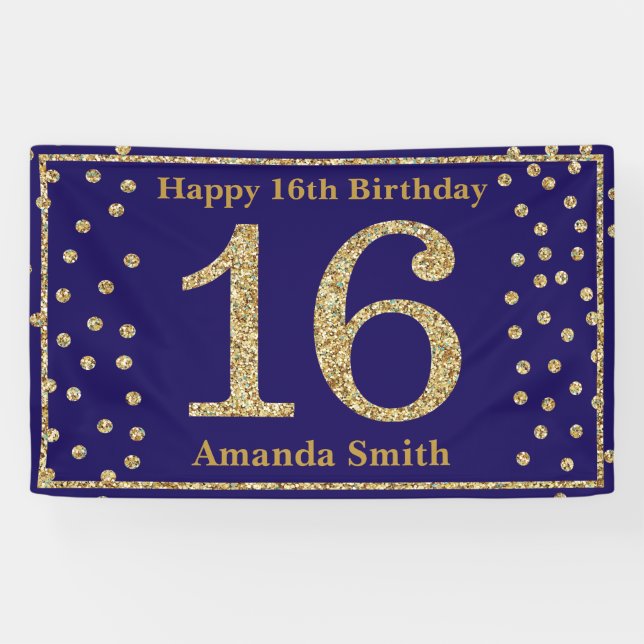 Happy 16th Birthday Banner Navy Blue Gold Glitter (Horizontal)