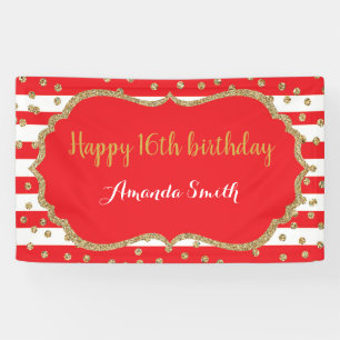Happy 16th Birthday Banner Red and Gold Glitter
